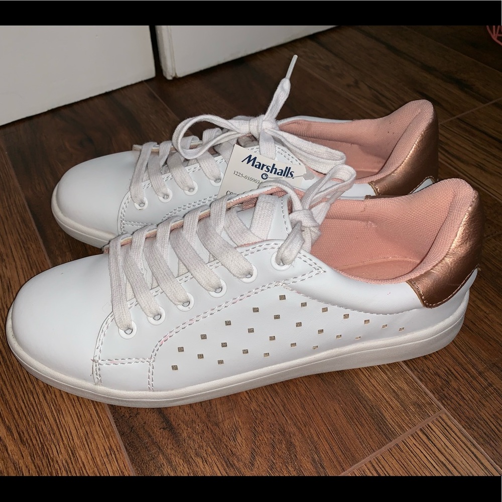 NEVER WORN white sneakers w/ rose gold detailing